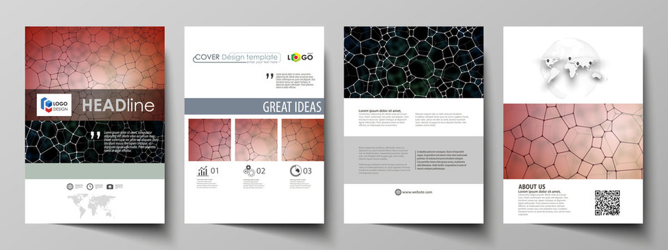 Business templates for brochure, flyer, report. Cover design template, vector layout in A4 size. Chemistry pattern, molecular texture, polygonal molecule structure, cell. Medicine microbiology concept
