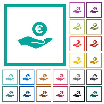Euro earnings flat color icons with quadrant frames