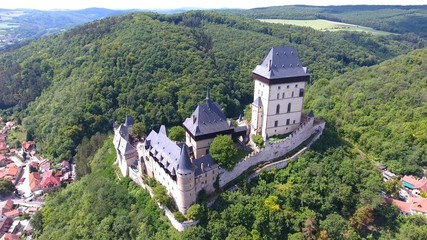 Aerial view of Medieval castle Karlstejn in Czech republic, Drone view