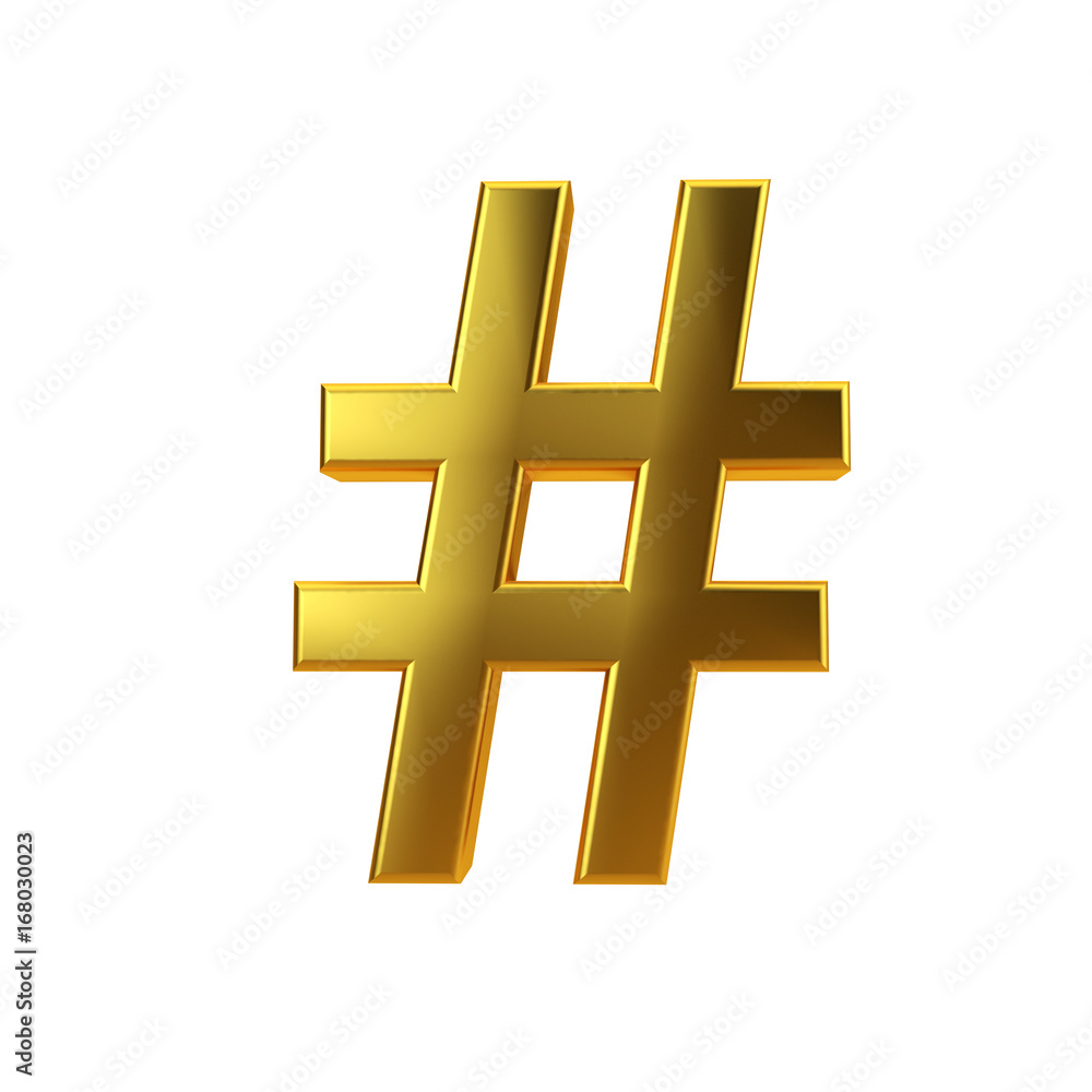 Fototapete shiny gold hashtag symbol on a plain white background. 3d rendering