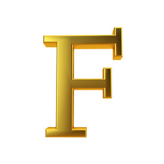 Shiny gold letter F on a plain white background. 3D Rendering