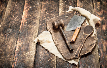 Serving background. Old kitchen tools cutting Board.