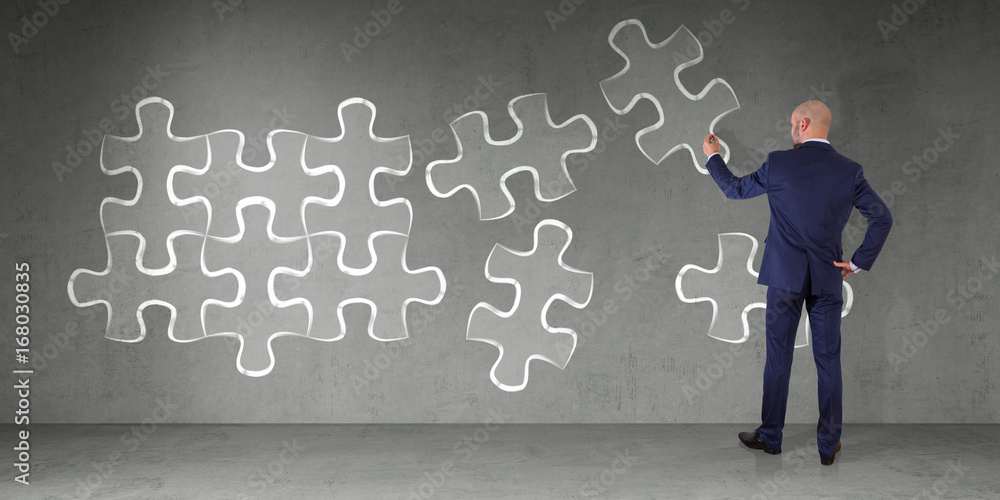 Poster Businessman searching puzzle solution on a wall 3D rendering