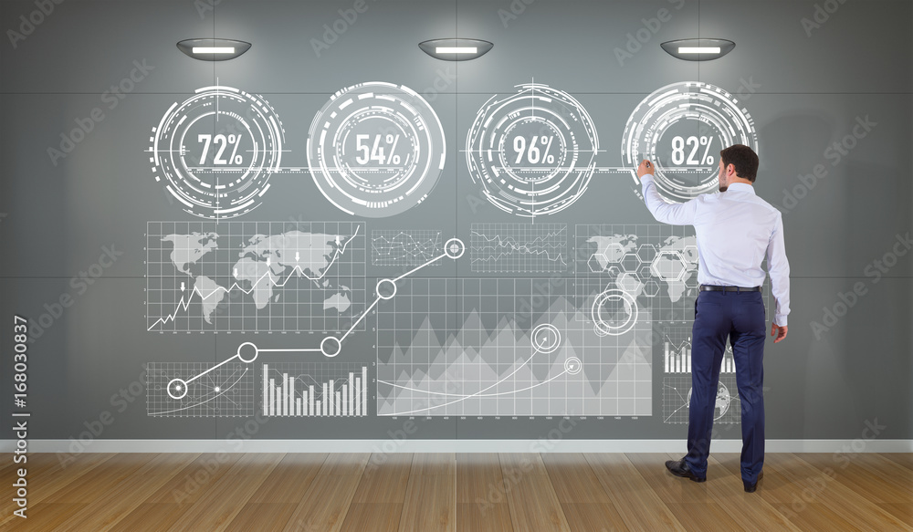 Poster Businessman using graph screens interface on a wall 3D rendering