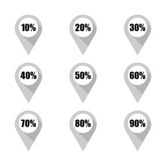Set of grey map pins with different percentage. Isolated