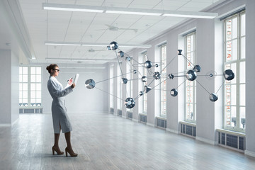 Scientist woman doing research. Mixed media . Mixed media