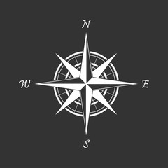 Fototapeta premium White compass icon on a black background. Marine navigation. Sign for adventure map. Vector illustration 