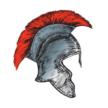 Helmet of the Roman Legionnaire, hand drawn doodle, sketch in woodcut style, black and white vector illustration