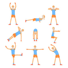 Elderly man character exercising set, healthy active lifestyle retiree, elder fitness vector Illustrations