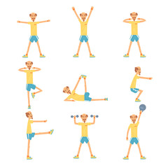 Senior man character exercising set, healthy active lifestyle retiree, elder fitness vector Illustrations