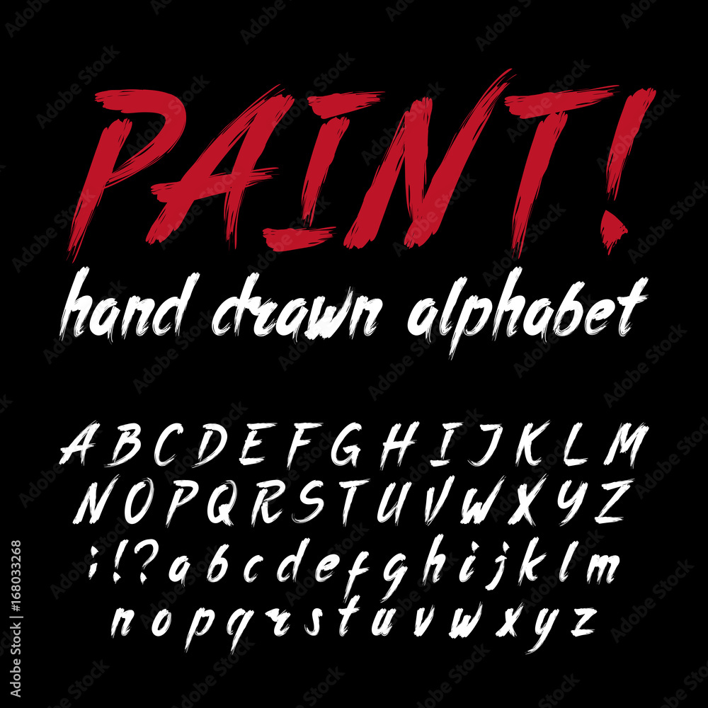 Poster hand drawn calligraphy brush stroke alphabet. grunge style letters and numbers. stock vector font fo