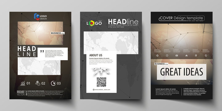 The black colored vector illustration of editable layout of A4 format covers design templates for brochure, magazine, flyer, booklet. Global network connections, technology background with world map.