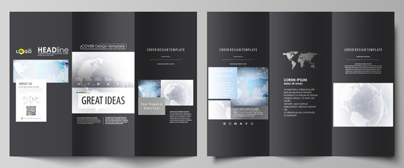 Fototapeta na wymiar The black colored minimalistic vector illustration of the editable layout of two creative tri-fold brochure covers design templates. Technology concept. Molecule structure, connecting background.