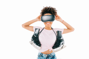 girl in virtual reality headset with skates