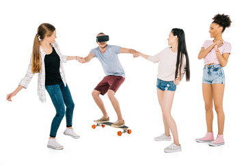 Naklejka premium girls and young man on skateboard