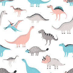funny dinosaurs seamless pattern. Cute childish dino background. Colorful hand drawn texture. © Good Studio