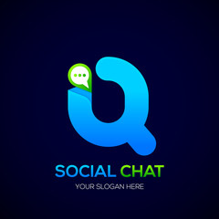 Letter Q with Chat logo, Social Talk, Social media, Abstract speak, Sphere speech bubble logotype