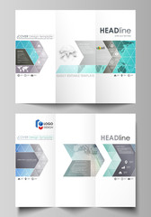 The minimalistic abstract vector illustration of editable layout of two creative tri-fold brochure covers design business templates. Molecule structure, connecting lines and dots. Technology concept.