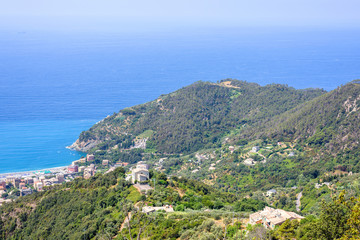 Fototapeta na wymiar Beautiful daylight view to Bonassola city, sea and mountains in Italy. Cinque Terre beauties