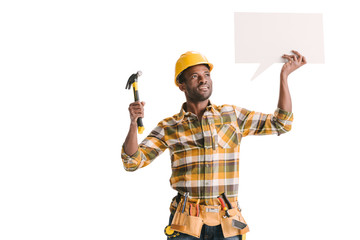 builder holding blank speech bubble