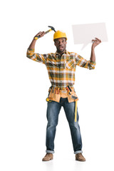 builder holding blank speech bubble