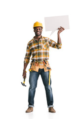 builder holding blank speech bubble