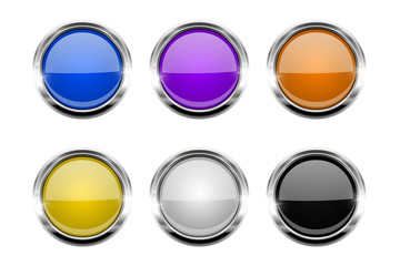 Colored shiny 3d buttons. Round glass web icons with chrome frame