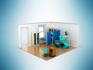 Isometric dentist office blue 3d rendering on blue background