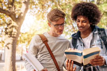 University male students with book on the road
