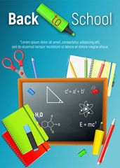 Back to School. Back to School colorful poster with blackboard and school supplies on blue background. Vector illustrations.