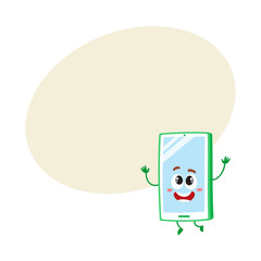 Funny cartoon mobile phone, smartphone character raising hands in awe and delight, vector illustration with space for text. Excited cartoon mobile phone, smartphone character looking up