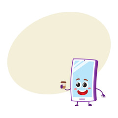 Funny cartoon mobile phone, smartphone character holding paper coffee cup, vector illustration with space for text. Happy cartoon mobile phone, smartphone character with morning coffee cup