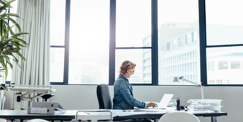 Female executive sitting in her office using laptop