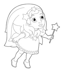 cartoon coloring page of a fairy flying holding wand - illustration for children