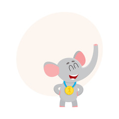 Cute, proud elephant character, champion wearing golden winner medal, cartoon vector illustration with space for text. Little baby elephant champion wearing medal for taking first place