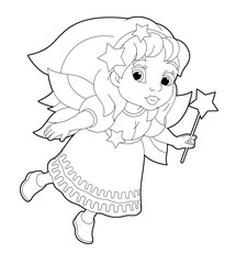 cartoon coloring page of a fairy flying holding wand - illustration for children