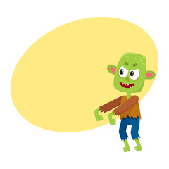 Scary little green zombie monster in rags, Halloween costume, cartoon vector illustration with space for text. Monster, zombie, walking dead with arms stretched forward