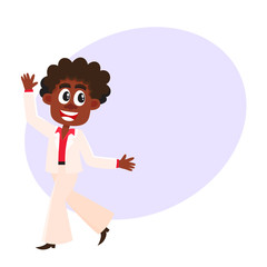Young black, African American man in retro white suit dancing dicso, cartoon vector illustration with space for text. Young African American man in white suit dancing at retro disco party