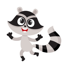 Cute happy raccoon character raising paws in welcoming gesture, cartoon vector illustration isolated on white background. Happy little raccoon character, mascot jumping from happiness, feeling joy