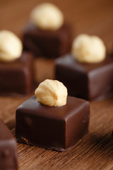 Handmade chocolate bonbons with hazelnut