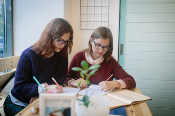 Young college students do homework together, girls write in notebooks