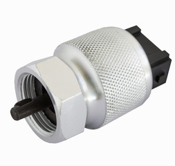 Transmissions speed sensor on white background. Selective focus.