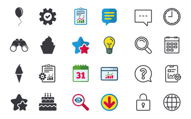 Fototapeta premium Birthday party icons. Cake with ice cream symbol.