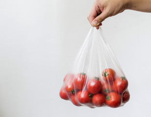 Hand holding plastic bag with fresh tomatoes. Image with copy space, selective focus.