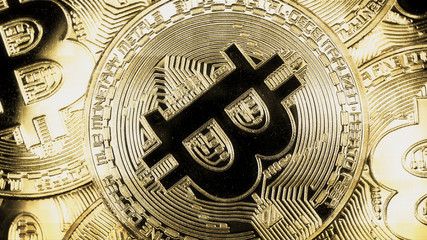 Crypto currency Gold Bitcoin - BTC - Bit Coin. Macro shots crypto currency Bitcoin coins. Holomatrix style.