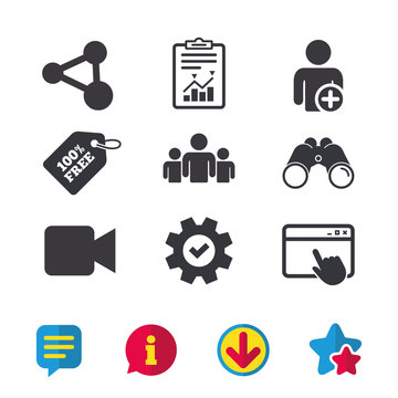 Group of people and share icons. Video camera.