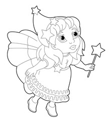 cartoon coloring page of a fairy flying holding wand - illustration for children