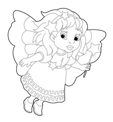 cartoon coloring page of a fairy flying holding wand - illustration for children