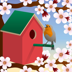 Bird near birdhouse. Blossoming spring tree. Spring. Vector.