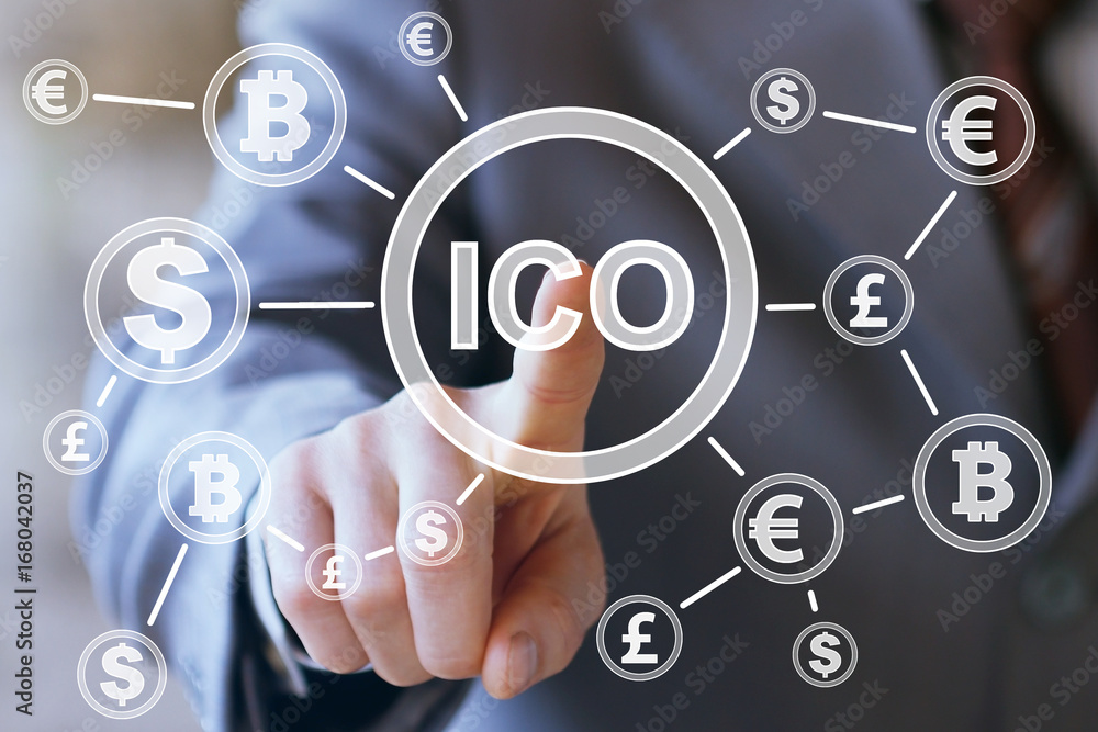Poster businessman presses currencies button ico initial coin offering on a virtual digital electronic user